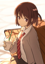 Rule 34 | 22/7, bench, black skirt, brown eyes, brown hair, cup, day, disposable cup, drinking straw, hair rings, looking at viewer, nagareboshi, necktie, outdoors, red necktie, school uniform, short hair, skirt, solo