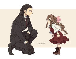 Rule 34 | 1boy, 1girl, aerith gainsborough, age difference, black gloves, black hair, black jacket, black pants, black shorts, bow, brown footwear, brown hair, collared shirt, curly hair, dress, final fantasy, final fantasy vii, final fantasy vii remake, formal, gloves, green eyes, hair bow, highres, jacket, long hair, looking at another, necktie, pants, pinafore dress, ponytail, pout, puffy short sleeves, puffy sleeves, red dress, shirt, short sleeves, shorts, simple background, sleeveless dress, squatting, suit, tseng, white shirt, xia (ryugo)