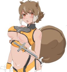 Rule 34 | 1girl, animal ears, arc system works, blazblue, blazblue: continuum shift, breasts, brown eyes, brown hair, fingerless gloves, gloves, highres, large breasts, lips, looking at viewer, makoto nanaya, masa ok, midriff, miniskirt, multicolored hair, navel, open mouth, orange skirt, revealing clothes, short hair, simple background, sketch, skirt, solo, squirrel, squirrel ears, squirrel tail, tail, tonfa, two-tone hair, underboob, weapon
