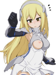 Rule 34 | 10s, 1girl, aiz wallenstein, armor, armored dress, armpits, asymmetrical armor, asymmetrical breastplate, black gloves, blonde hair, blush, breastplate, breasts, brown eyes, clenched hands, dress, dungeon ni deai wo motomeru no wa machigatteiru darou ka, elbow gloves, embarrassed, faulds, female focus, gloves, hairband, hand up, headdress, headpiece, highres, long hair, looking at breasts, looking down, medium breasts, nipples, one breast out, open mouth, pauldrons, pleated dress, short dress, shoulder armor, shy, simple background, sleeveless, sleeveless dress, solo, surprised, sword oratoria, takeda yukimura, torn clothes, torn dress, vambraces, white background, white dress