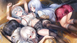 Rule 34 | 3girls, arms up, azur lane, black legwear, black skirt, blue eyes, blush, breasts, brown cardigan, brown footwear, cardigan, commentary request, gangut (azur lane), hair between eyes, hair ornament, hairpin, hisasi, in container, large breasts, long hair, long sleeves, mouth hold, multicolored hair, multiple girls, navel, off shoulder, parted bangs, partially unbuttoned, plaid, plaid skirt, pulling another&#039;s clothes, red eyes, red hair, red ribbon, red skirt, ribbon, ribbon in mouth, shirt, shoes, short sleeves, silver hair, skirt, sovetsky soyuz (azur lane), stomach, streaked hair, sweat, tallinn (azur lane), thighhighs, thighhighs pull, very long hair, white shirt, wooden floor