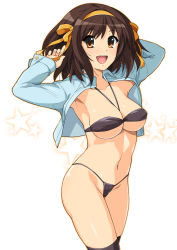 Rule 34 | 1girl, :d, armpits, arms up, between breasts, bikini, black bikini, black thighhighs, blue shirt, bow, breasts, brown eyes, brown hair, collarbone, collared shirt, commentary request, covered erect nipples, hairband, haruhisky, highres, long sleeves, looking at viewer, medium breasts, medium hair, micro bikini, navel, open clothes, open mouth, open shirt, orange bow, orange hairband, revealing clothes, shiny skin, shirt, simple background, smile, solo, standing, star (symbol), stomach, string bikini, suzumiya haruhi, suzumiya haruhi no yuuutsu, swimsuit, teeth, thighhighs, upper teeth only, white background