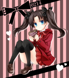 Rule 34 | 1girl, aged down, bad id, bad pixiv id, black thighhighs, blue eyes, bow, brown hair, chocolate, fate/zero, fate (series), hair ribbon, heart, jacket, kubyou azami, loafers, long hair, panties, pantyshot, pleated skirt, ribbon, shoes, sitting, skirt, solo, thighhighs, tohsaka rin, twintails, underwear, upskirt