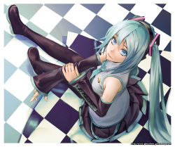 Rule 34 | 1girl, aqua eyes, aqua hair, bad id, bad pixiv id, bare shoulders, blue eyes, blue hair, boots, checkered floor, detached sleeves, female focus, floor, from above, full body, hatsune miku, headset, kibamigohann, light smile, long hair, looking up, matching hair/eyes, necktie, sitting, skirt, solo, thigh boots, thighhighs, twintails, very long hair, vocaloid
