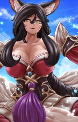Rule 34 | 1girl, absurdres, ahri (league of legends), all fours, animal ears, bare shoulders, black hair, black sash, blue sky, blush, braid, braided ponytail, breasts, cleavage, cloud, collarbone, day, detached sleeves, dress, eyebrows, eyelashes, facial mark, female focus, femdom, fox ears, fox girl, fox tail, from below, hair between eyes, highres, kitsune, large breasts, league of legends, long hair, looking at viewer, low ponytail, naughty face, nose, parted lips, pov, powpill, red dress, red sleeves, sash, sky, solo, strapless, strapless dress, tail, two-tone dress, two-tone sleeves, white dress, white sleeves, yellow eyes