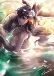 Rule 34 | 1girl, absurdres, animal ear fluff, animal ears, bathing, black hair, black sclera, blush, body freckles, breasts, claws, colored sclera, completely nude, fang, flaming eye, freckles, freckles on breasts, freckles on shoulder, hellhound (monster girl encyclopedia), highres, large breasts, long hair, looking back, monster girl encyclopedia, nude, onsen, orange eyes, partially submerged, petals, signature, smile, solo, tail, twitter username, very long hair, wolf ears, wolf tail, zee n3