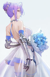 Rule 34 | 1girl, absurdres, ahoge, arms behind back, bare shoulders, black thighhighs, blue background, blue flower, blue rose, bouquet, breasts, closed mouth, collar, cowboy shot, dress, flower, frilled thighhighs, frills, from behind, gauntlets, hair bun, highres, holding, holding bouquet, huge filesize, looking at viewer, looking back, medium breasts, original, purple hair, red eyes, rose, see-through, short hair, shoulder blades, simple background, single hair bun, smile, solo, thighhighs, ttk (kirinottk), white dress