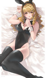 Rule 34 | 1girl, animal ears, black bow, black bowtie, black leotard, black thighhighs, blonde hair, bow, bowtie, breasts, brown eyes, commentary request, detached collar, e-co, fake animal ears, feet out of frame, leotard, lips, looking at viewer, lying, medium breasts, nail polish, original, playboy bunny, rabbit ears, solo, strapless, strapless leotard, thighhighs, wrist cuffs