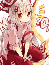 Rule 34 | !, 1girl, :&lt;, between legs, bow, character name, closed mouth, collared shirt, commentary, foot out of frame, fujiwara no mokou, grey hair, grey shirt, hair bow, hair ornament, hand between legs, highres, long hair, looking at viewer, nikorashi-ka, notice lines, ofuda, ofuda on clothes, one-hour drawing challenge, pants, red bow, red eyes, red pants, seiza, shirt, short sleeves, sitting, solo, suspenders, suspenders slip, touhou, two-tone bow, white bow