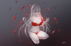 Rule 34 | 1girl, absurdres, arknights, artist name, bare legs, bare shoulders, bat (animal), blood, bra, breasts, chinese commentary, cleavage, collarbone, commentary, dutou, full body, grey background, hair between eyes, highres, kneeling, large breasts, long hair, midriff, navel, pale skin, panties, parted lips, pointy ears, pubic tattoo, red bra, red eyes, red panties, silver hair, simple background, skindentation, solo, strap slip, tattoo, thighs, twitter username, underwear, underwear only, warfarin (arknights)