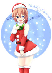 Rule 34 | 1girl, absurdres, bad id, bad pixiv id, bare shoulders, belt, blanc (neptunia), blue eyes, blush, bow, brown hair, christmas, cundodeviant, detached sleeves, dress, english text, fur trim, green bow, hand on own chest, hat, highres, looking at viewer, necktie, neptune (series), nervous smile, red dress, red legwear, santa hat, short hair, signature, smile, snowflakes, solo, teeth, upper teeth only