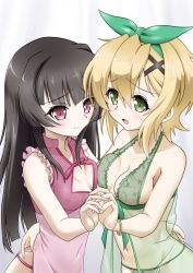 Rule 34 | 2girls, akatsuki kirika, black hair, blonde hair, blush, bracelet, breasts, cleavage, closed mouth, collarbone, covered navel, female focus, fingernails, green eyes, hair ornament, hair ribbon, highres, holding hands, jewelry, lingerie, looking at another, maco tie, medium breasts, multiple girls, navel, negligee, open mouth, pink eyes, ribbon, senki zesshou symphogear, short hair, simple background, small breasts, smile, tsukuyomi shirabe, underwear, upper body, x hair ornament