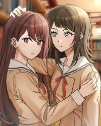 2girls animal_ears bang_dream! bang_dream!_it&#039;s_mygo!!!!! black_hair blue_eyes book bookshelf brown_dress brown_hair closed_mouth commentary_request dress hand_on_another&#039;s_head highres kabedon library long_hair long_sleeves looking_at_another looking_at_viewer mole mole_under_eye multiple_girls mygogogo11111 neck_ribbon purple_eyes red_ribbon ribbon sailor_collar sailor_dress shiina_taki white_sailor_collar yahata_umiri yuri