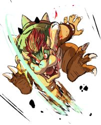 Rule 34 | 1boy, bowser, bracelet, claws, jewelry, male focus, mario (series), motion lines, nintendo, open mouth, red eyes, red hair, sharp teeth, slashing, solo, spiked bracelet, spikes, teeth, tyson hesse