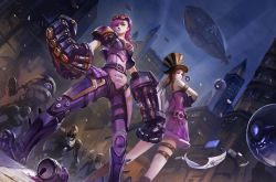 Rule 34 | 2girls, aircraft, armband, caitlyn (league of legends), can, cuffs, dirigible, drink can, dutch angle, facial tattoo, flying paper, goggles, goggles on head, handcuffs, hat, league of legends, long hair, mechanical arms, multiple girls, night, paper, pink hair, purple theme, road, robot, soda can, street, tattoo, turewindwalker, vi (league of legends)