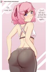 Rule 34 | 1girl, absurdres, alternate costume, ass, bare arms, bare shoulders, breasts, commentary, cowboy shot, doki doki literature club, english commentary, english text, from behind, hair ornament, hair ribbon, hairclip, hand on own ass, highres, looking at viewer, looking back, medium hair, midriff, natsuki (doki doki literature club), patreon username, pink background, pink hair, purple eyes, raion (raionart), red ribbon, ribbon, simple background, small breasts, solo, swept bangs, two side up