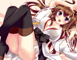 Rule 34 | 10s, 1girl, ahoge, bad id, bad pixiv id, boots, breasts, brown hair, cleavage, detached sleeves, double bun, frilled skirt, frills, hair ornament, hairband, japanese clothes, kantai collection, kongou (kancolle), long hair, open mouth, personification, purple eyes, ribbon-trimmed sleeves, ribbon trim, shige, skirt, smile, solo, thigh boots, thighhighs