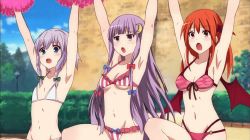 Rule 34 | 3girls, amagi brilliant park, animated, animated gif, armpits, arms up, bat wings, bikini, blue eyes, blunt bangs, bouncing breasts, bow, braid, breasts, cheerleader, crescent, crescent hair ornament, crossover, day, derivative work, flat chest, front-tie bikini top, front-tie top, gif artifacts, hair bow, hair ornament, head wings, izayoi sakuya, knee up, koakuma, light purple hair, long hair, md5 mismatch, multiple girls, navel, o-ring, o-ring bottom, orange hair, outdoors, parody, patchouli knowledge, pom pom (cheerleading), purple eyes, ram hachimin, sidelocks, swimsuit, third-party edit, touhou, twin braids, ugoira, very long hair, wings