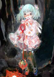 Rule 34 | 1girl, aqua hair, black eyes, black thighhighs, blood, blood on clothes, blood on face, commentary request, dress, forest, full body, hair ornament, hair ribbon, highres, holding, holding shovel, medium hair, nature, open mouth, original, outdoors, rabbit hair ornament, ribbon, second-party source, shovel, smile, solo, thighhighs, tree, tsukamoto anabone, twintails, white dress