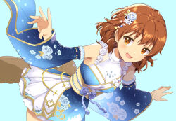 Rule 34 | 1girl, ahoge, araki hina, bare shoulders, blue background, blue sleeves, blush, breasts, brown eyes, brown hair, cowboy shot, detached sleeves, dot nose, dress, floral print, flower, hair flower, hair ornament, idolmaster, idolmaster cinderella girls, idolmaster cinderella girls starlight stage, jewelry, looking at viewer, medium breasts, messy hair, mitsuki meia, necklace, no eyewear, obi, obijime, open hands, open mouth, outstretched arms, pearl necklace, print sleeves, rose, sash, short hair, simple background, sleeveless, sleeveless dress, smile, solo, standing, star (symbol), star hair ornament, white flower, white rose, wide sleeves, yellow sash