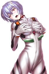 Rule 34 | 1girl, :o, akahige, arched back, ayanami rei, blue hair, blush, bodysuit, bracer, breasts, cowboy shot, drooling, gloves, grabbing own breast, hair between eyes, headgear, highres, interface headset, looking at viewer, neon genesis evangelion, open mouth, pilot suit, plugsuit, red eyes, saliva, short hair, silver hair, simple background, solo, tears, turtleneck, white background