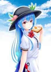 Rule 34 | 1girl, apron, black hat, blue bow, blue hair, blue skirt, blue sky, blush, bow, bowtie, brown eyes, closed mouth, cloud, collared shirt, day, dress shirt, food, hair between eyes, hat, highres, hinanawi tenshi, holding, holding food, long hair, looking at viewer, red bow, red bowtie, reimei (r758120518), shirt, short sleeves, skirt, sky, smile, solo, standing, touhou, very long hair, waist apron, white apron, white background, white shirt, wing collar