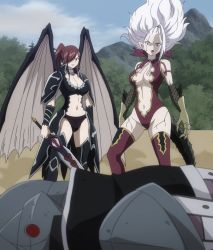 Rule 34 | 1boy, 2girls, blue eyes, breasts, brown eyes, cleavage, erza scarlet, fairy tail, highres, large breasts, long hair, mirajane strauss, multiple girls, navel, ponytail, red hair, screencap, standing, stitched, third-party edit, white hair