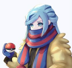 Rule 34 | 1boy, absurdres, blue eyes, blue hair, blue mittens, commentary request, creatures (company), eyelashes, game freak, grey background, grusha (pokemon), hand up, highres, holding, holding poke ball, jacket, long hair, long sleeves, male focus, miltiyo, mittens, nintendo, poke ball, poke ball (basic), pokemon, pokemon sv, scarf, scarf over mouth, solo, two-tone scarf, upper body, yellow jacket