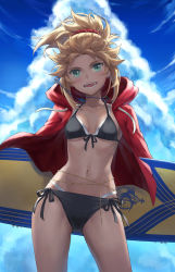 Rule 34 | 1girl, belly chain, bikini, black bikini, blonde hair, blue sky, blush, breasts, collarbone, fate/grand order, fate (series), green eyes, hair ornament, hair scrunchie, highres, hood, hooded jacket, jacket, jewelry, layered bikini, long hair, long sleeves, looking at viewer, mordred (fate), mordred (fate) (all), mordred (swimsuit rider) (fate), open clothes, open jacket, open mouth, outdoors, parted bangs, ponytail, prydwen (fate), red jacket, revision, scrunchie, sidelocks, sky, small breasts, smile, solo, surfboard, swimsuit, thighs, tonee, white bikini
