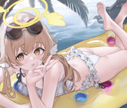 Rule 34 | 1girl, absurdres, bare arms, bare legs, bare shoulders, barefoot, bikini, blue archive, blush, feet, frilled bikini, frills, halo, hifumi (blue archive), hifumi (swimsuit) (blue archive), highres, light brown hair, long hair, looking at viewer, low twintails, nagata gata, ocean, official alternate costume, open mouth, palm leaf, palm tree, solo, swimsuit, tree, twintails, v, white bikini, yellow eyes, yellow halo