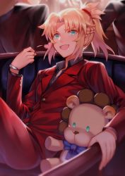 Rule 34 | 1girl, absurdres, alternate costume, black shirt, blonde hair, blouse, blurry, bracelet, braid, buttoned cuffs, buttons, collared jacket, collared shirt, depth of field, eating, fate/grand order, fate (series), formal, french braid, green eyes, highres, jacket, jewelry, mordred (fate), mordred (fate/apocrypha), parted bangs, ponytail, shirt, short hair, sitting, solo focus, stuffed animal, stuffed toy, suit, yorukun