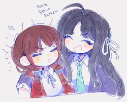 Rule 34 | 2girls, arm around shoulder, awa subaru, black hair, black ribbon, blue necktie, closed eyes, closed mouth, collared shirt, commentary request, girls band cry, grin, hair ribbon, iseri nina, jacket, korean commentary, korean text, multiple girls, neck ribbon, necktie, open mouth, rapop, red hair, red jacket, ribbon, shirt, short twintails, simple background, smile, translation request, twintails, upper body, white background, white ribbon, white shirt