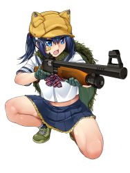 Rule 34 | 1girl, animal ears, bandaid, bandaid on face, blonde hair, blue eyes, camouflage, fake animal ears, fang, full body, gloves, gun, hair ornament, hairclip, hat, highres, mossberg 500, open mouth, pleated skirt, pump action, shoes, shooting girl, shotgun, simple background, skirt, sneakers, solo, squatting, weapon, white background