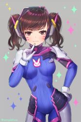 Rule 34 | 1girl, alternate hairstyle, antenna hair, artist name, bad id, bad pixiv id, blush, bodysuit, breasts, brown eyes, brown hair, closed mouth, contrapposto, cowboy shot, d.va (overwatch), facepaint, facial mark, finger to mouth, gloves, grey background, hanato (seonoaiko), hand on own hip, headgear, legs apart, looking at viewer, medium breasts, overwatch, overwatch 1, short hair, short sleeves, simple background, skin tight, smile, solo, sparkle, standing, turtleneck, wavy mouth, whisker markings, white gloves
