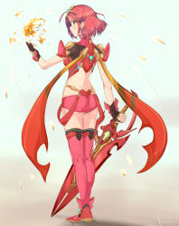 Rule 34 | 1girl, aegis sword (xenoblade), agnus-dei, black gloves, bob cut, breasts, earrings, fingerless gloves, gloves, highres, jewelry, large breasts, pyra (xenoblade), red eyes, red hair, red shorts, red thighhighs, short hair, short shorts, shorts, solo, swept bangs, sword, thighhighs, tiara, weapon, xenoblade chronicles (series), xenoblade chronicles 2