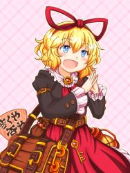 Rule 34 | 1girl, adapted costume, blonde hair, bow, erechan, frilled shirt collar, frilled sleeves, frills, medicine melancholy, open mouth, puffy short sleeves, puffy sleeves, red bow, red ribbon, ribbon, short hair, short sleeves, solo, touhou, wavy hair