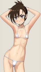 Rule 34 | 1girl, armpits, arms behind head, arms up, bare shoulders, bikini, blush, brown hair, closed mouth, cowboy shot, embarrassed, flat chest, grey background, highres, looking at viewer, navel, onimushi hyogo, original, pink eyes, ponytail, ribs, short ponytail, simple background, skinny, standing, string bikini, sweat, sweatdrop, swimsuit, white bikini