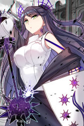 Rule 34 | 1girl, bare shoulders, bloodline, breasts, daisy (bloodline), green eyes, holding, holding shield, holding weapon, image sample, iotower, long hair, looking at viewer, mace, purple hair, shield, solo, two side up, very long hair, weapon