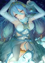 Rule 34 | 1girl, armpits, arms up, asymmetrical clothes, azura (fire emblem), barefoot, blue hair, bubble, covered navel, detached collar, detached sleeves, dress, elbow gloves, fire emblem, fire emblem fates, gloves, hair between eyes, hair tubes, highres, ippers, jewelry, long hair, necklace, nintendo, parted lips, thighs, veil, very long hair, water, white dress, white gloves, yellow eyes