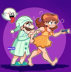 Rule 34 | 1boy, 1girl, angry, arm grab, bare arms, bare legs, bare shoulders, barefoot, blue eyes, boo (mario), brown hair, camisole, collarbone, facial hair, flashlight, frown, green headwear, green pajamas, hat, hiding, hiding behind another, highres, holding, holding flashlight, long eyelashes, luigi, manysart1, mario (series), mustache, nightcap, nintendo, orange camisole, orange hair, orange nightgown, pajamas, princess daisy, protecting, purple background, scared, see-through silhouette, sharp teeth, slippers, teardrop, teeth, tongue, tongue out, wavy hair