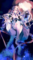 Rule 34 | 1girl, absurdres, artist name, bare legs, bare shoulders, blue background, constellation, detached sleeves, dress, floating hair, full body, genshin impact, guizhong (genshin impact), halter dress, halterneck, highres, hiranmayi, knees up, light particles, long hair, midair, solo, white dress, wide sleeves