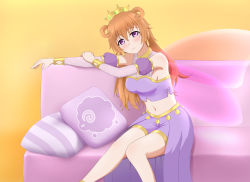 Rule 34 | 1girl, artist name, artist request, bare legs, blush, bracelet, breasts, brown hair, butterfly (love live!), choker, cleavage, clothing cutout, collarbone, couch, cropped shirt, crown, detached sleeves, double bun, dress, dress shirt, earrings, female focus, gold bracelet, hair between eyes, hair bun, hair rings, harem outfit, highres, jewelry, konoe kanata, long hair, looking at viewer, love live!, love live! nijigasaki high school idol club, love live! school idol festival, navel, on couch, orange background, parted lips, pillow, puffy short sleeves, puffy sleeves, purple eyes, purple shirt, purple shorts, sheep print, shirt, short sleeves, shorts, shoulder cutout, sitting, small breasts, smile, solo, striped pillow, two side up, yellow bracelet, yellow choker