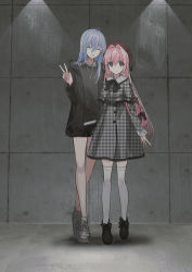 Rule 34 | 2girls, :d, ^ ^, beret, black bow, black footwear, black jacket, black shirt, black shorts, blue hair, bow, braid, chihuri, closed eyes, closed mouth, collared shirt, dress, facing viewer, frilled sleeves, frills, grey footwear, hair between eyes, hair bow, hair intakes, hand up, hat, highres, jacket, long hair, long sleeves, looking at viewer, multiple girls, open clothes, open jacket, open mouth, original, pink hair, plaid, plaid capelet, plaid dress, purple eyes, red headwear, shirt, shoes, short shorts, shorts, smile, standing, thighhighs, unmoving pattern, v, very long hair, white thighhighs