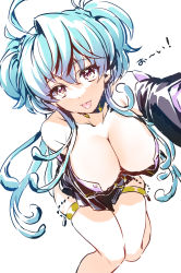 Rule 34 | 1girl, ahoge, blue hair, breasts, cagliostro (symphogear), cleavage, highres, jewelry, large breasts, long hair, looking at viewer, purple eyes, senki zesshou symphogear, skindentation, solo, thighlet, tongue, tongue out, very long hair, wada chiyon