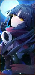 Rule 34 | 1girl, :&lt;, absurdres, backless outfit, bad id, bad twitter id, black hair, fate/grand order, fate (series), from behind, full moon, glowing, glowing eyes, highres, katou danzou (fate), moon, ponytail, scarf, solo, wada kazu, yellow eyes