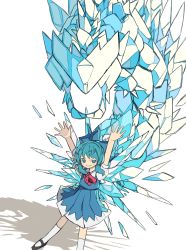 Rule 34 | 1girl, absurdres, aqua eyes, aqua hair, arms up, black footwear, blue bow, blue dress, blue eyes, blue hair, blush stickers, bow, cirno, collared shirt, commentary, dot nose, dragon, dress, foot out of frame, grin, hair bow, highres, ice, ice dragon, ice wings, looking at viewer, mary janes, medium hair, neck ribbon, neruzou, pinafore dress, pleated dress, puffy short sleeves, puffy sleeves, red neck ribbon, red ribbon, ribbon, shadow, shirt, shoes, short sleeves, sidelocks, simple background, sleeveless dress, smile, socks, solo, standing, touhou, white background, white shirt, white socks, wings