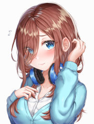Rule 34 | 1girl, blue eyes, blush, breasts, cleavage, collarbone, fingernails, go-toubun no hanayome, hair between eyes, hair over one eye, hand on own chest, hand on own head, headphones, highres, large breasts, long hair, looking at viewer, nakano miku, shirt, smile, syatihoko, white background, white shirt