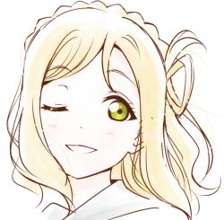 Rule 34 | 1girl, ;), anibache, artist name, artist request, blonde hair, blush, braid, breasts, brown eyes, collared shirt, crown braid, female focus, floating hair, green eyes, hair rings, looking at viewer, love live!, love live! sunshine!!, ohara mari, one eye closed, parted lips, portrait, shirt, short hair, smile, solo, teeth, upper body, white background, white shirt, yellow eyes