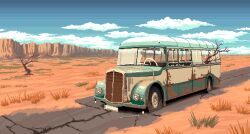 Rule 34 | abandoned, bare tree, blue sky, branch, broken window, bus, cloud, commentary, crack, day, desert, elenanazaire, english commentary, flat tire, motor vehicle, mountain, no humans, original, outdoors, pixel art, plant, road, rust, scenery, sky, tree