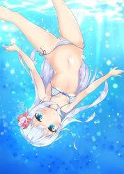 Rule 34 | 1girl, air bubble, bikini, blue eyes, blush, bow, bubble, cameltoe, commentary request, flower, hair between eyes, hair ornament, hibiki (kancolle), highres, kantai collection, long hair, looking at viewer, micro bikini, navel, ocean, open mouth, partially visible vulva, sainyan (strong7), side-tie bikini bottom, silver hair, solo, string bikini, striped bikini, striped clothes, swimsuit, thighs, underwater, upside-down, water